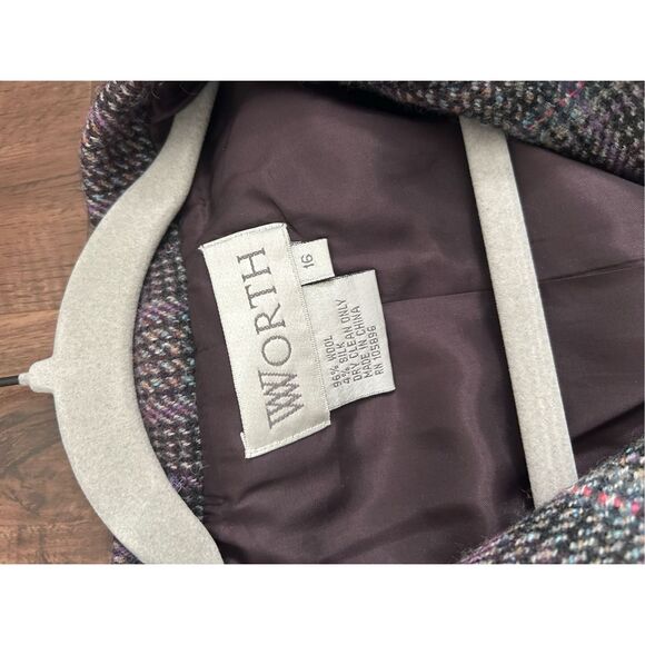 WORTH Wool/Silk Purple White Red Plaid Button Coat, Size 16 - Picture 5 of 8